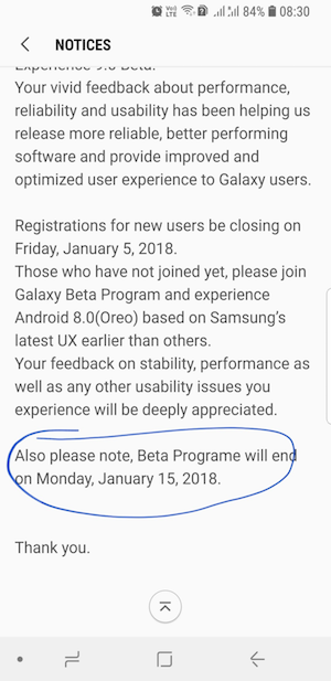 Galaxy S8 Android 8.0 Oreo beta program ends January 15th, public update could roll by end of January