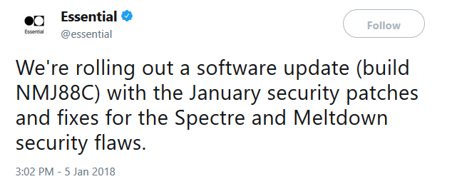 Essential Phone receives update with January security patch - Essential Phone receives January security patch which includes fixes for Meltdown and Spectre flaws