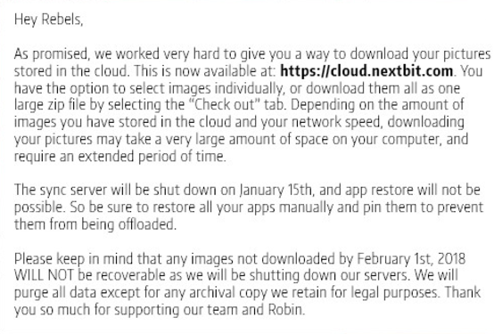 Nextbit announces that the Robin's Smart Saver cloud service will end on March 1st - Nextbit Robin Smart Saver cloud service shuts down on March 1st
