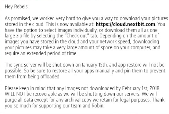 Nextbit announces that the Robin&#039;s Smart Saver cloud service will end on March 1st - Nextbit Robin Smart Saver cloud service shuts down on March 1st