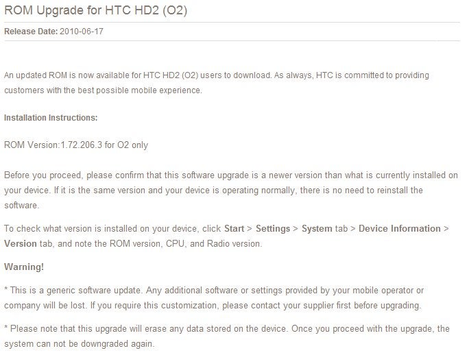 Most recent update for O2&#039;s HTC HD2 is the same one from 2 months ago