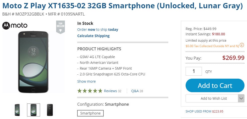 Deal: The Moto Z Play is on sale for just $270 (40% off) at B&H