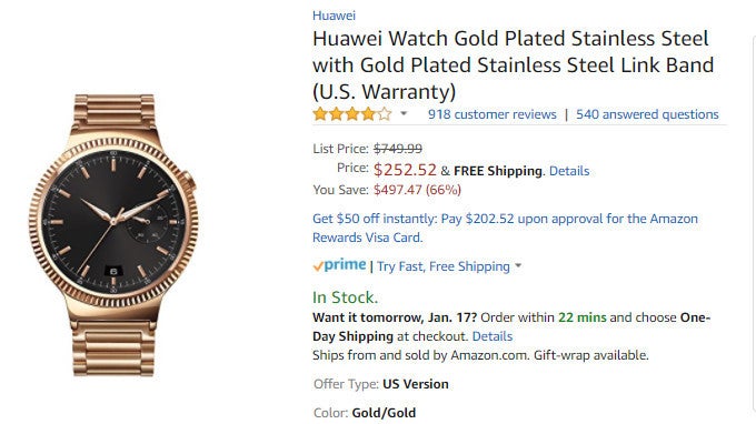 Deal: Gold-plated Huawei Watch is on sale for just $250 (66% off) on Amazon