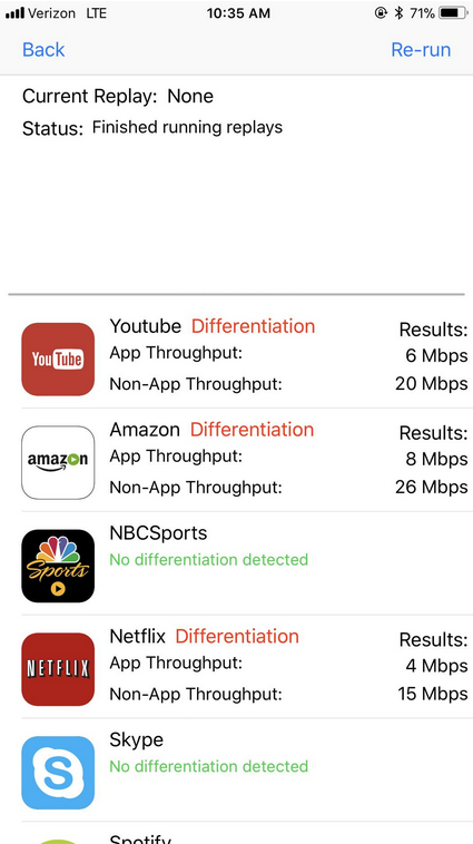 This screenshot of the Wehe app shows Verizon throttling the Netflix, YouTube and Amazon apps - Apple has a change of heart and approves an app that finds net neutrality violations