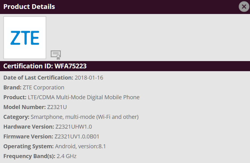 ZTE Z2321U receives its Wi-Fi certification - Mystery ZTE phone gets certified by Wi-Fi Alliance with Android 8.1 installed; is it the Axon 8?