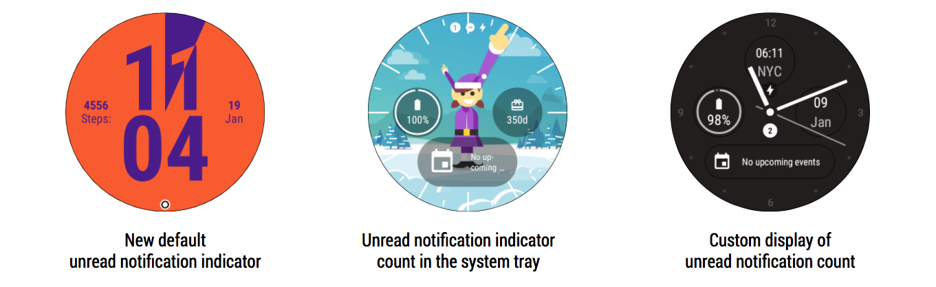 The notification dot found at the bottom of the screen reminds users of unread notifications. The number of unread notifications can also be placed by developers in the system tray or in a unique location on the watch face - Android Oreo's notification dots are coming to Android Wear