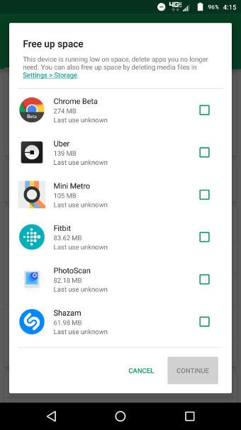 Free up space interface - Running low on storage? The Google Play Store wants to help