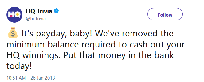 HQ will now allow winners to cash out no matter how much money is in their account - HQ Trivia update removes $20 minimum account size once required to cash out