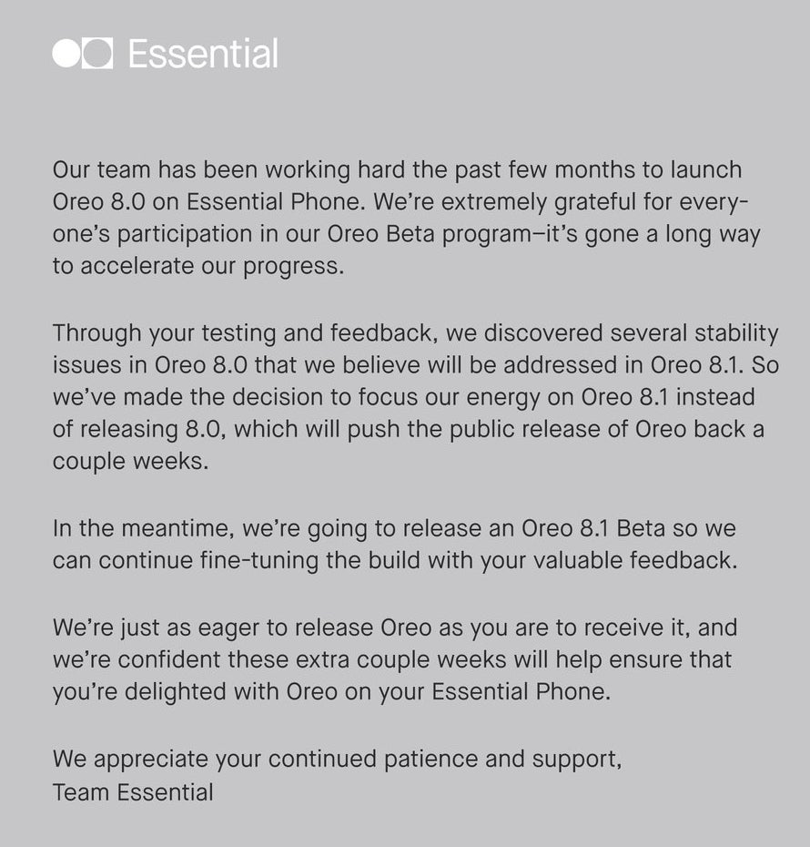 The Essential Phone will be updated directly to Android 8.1 Oreo (instead of 8.0 Oreo)