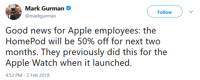 Tweet from Bloomberg's Mark Gurman reveals 50% Apple employee discount on the HomePod - Apple employees can buy the HomePod for half price over the next two months