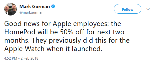 Tweet from Bloomberg&#039;s Mark Gurman reveals 50% Apple employee discount on the HomePod - Apple employees can buy the HomePod for half price over the next two months