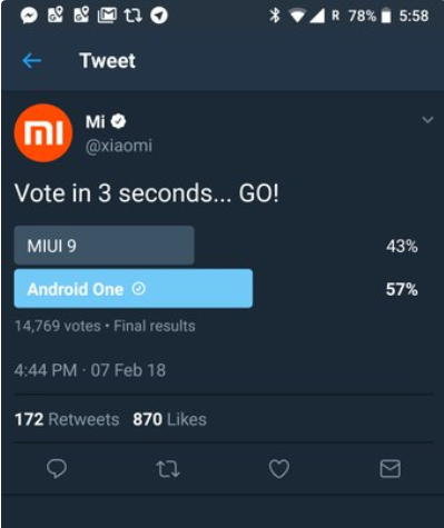 Xiaomi ha cancellato questo tweet dopo aver mostrato che Android One ha battuto la MIUI - Xiaomi rimuove tutte le tracce del sondaggio di Twitter che aveva Android One in cima alla MIUI