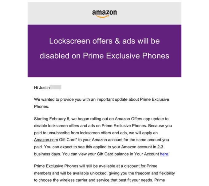 An example of the refund e-mails sent out by Amazon - Amazon refunds Prime Exclusive phone owners who paid to remove the ads