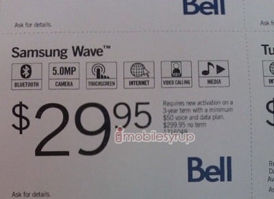 Bell&#039;s Samsung Wave is priced at $29.95 with a 3-year contract or $300 no contract