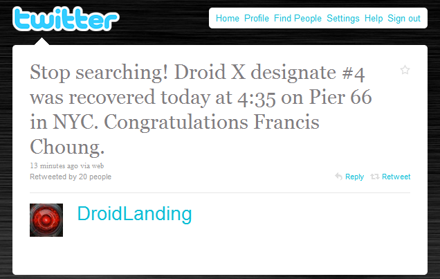 DROID X Designate #4 found in New York; still 20 more DROID X units to be won