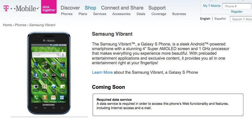 Samsung Vibrant creeps its way onto T-Mobile&#039;s site as &#039;coming soon&#039;