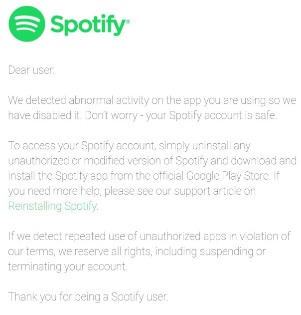 Email from Spotify informing premium service freeloaders that their days are numbered - About to go public, Spotify shuts the door on premium service freeloaders