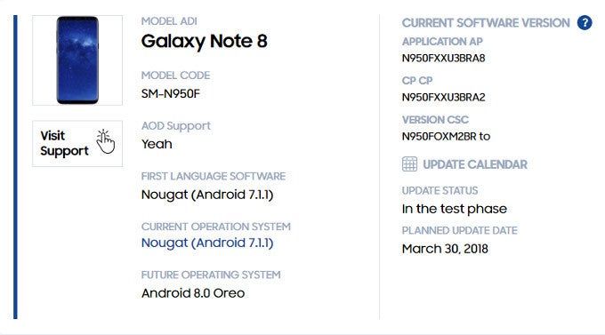 The page suggesting the upcoming Galaxy Note 8 Android update - Here's when the Galaxy Note 8 may get its Android 8 update