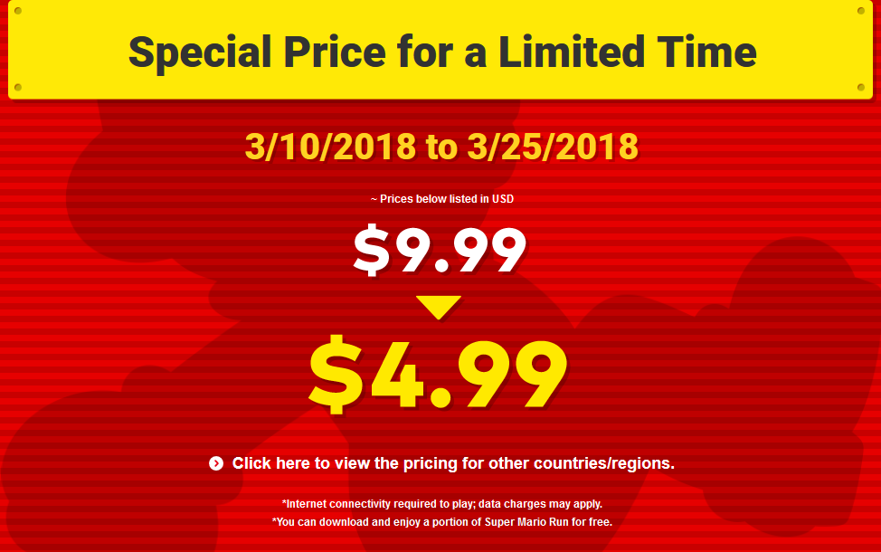 Save 50% on Super Mario Run from March 10th to the 25th - Get Super Mario Run for half price starting on Mario Day (March 10th)