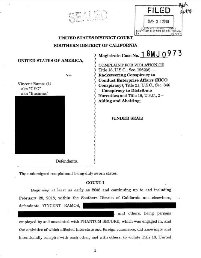 Partially redacted complaint filed by the feds against Vincent Ramos - FBI arrests Vincent Ramos, CEO of company alleged to have sold custom BlackBerry handsets to gangs