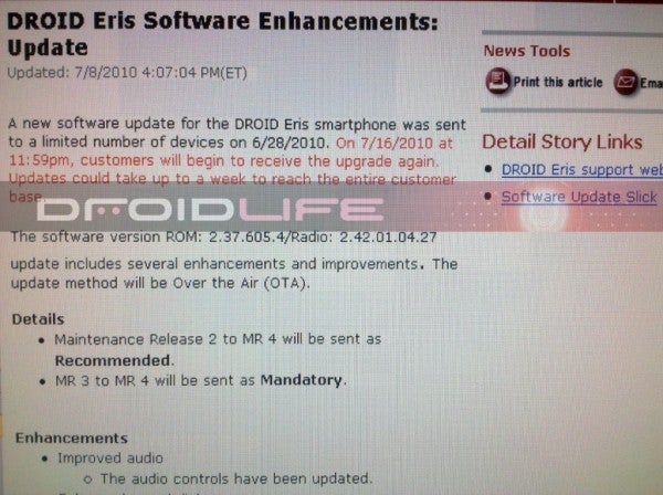 HTC DROID ERIS to receive one more firmware update before oblivion