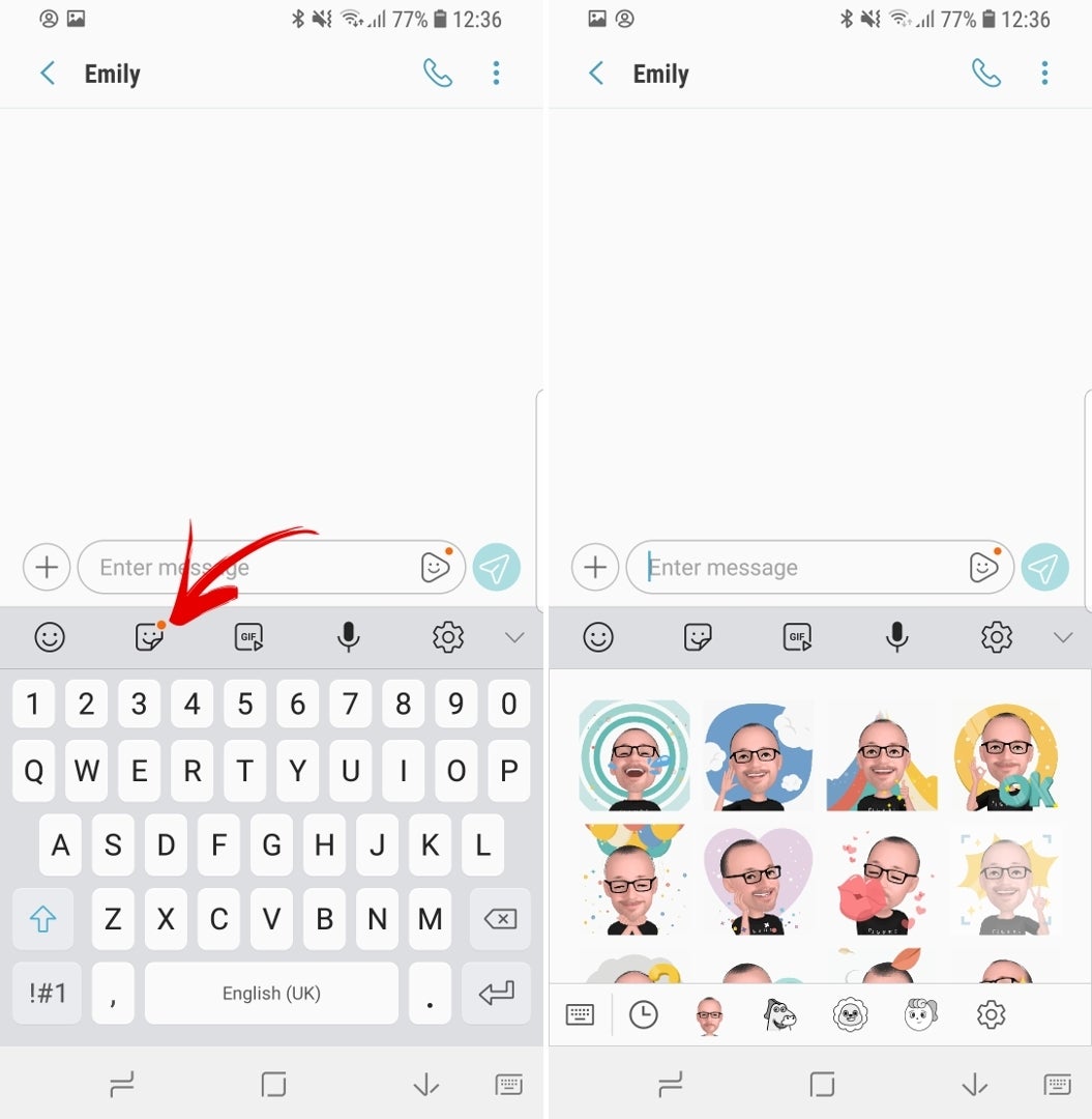 In any messenger app, tap the stickers button on the Samsung Keyboard to use your custom AR Emoji stickers - How to use Samsung&#039;s AR Emoji