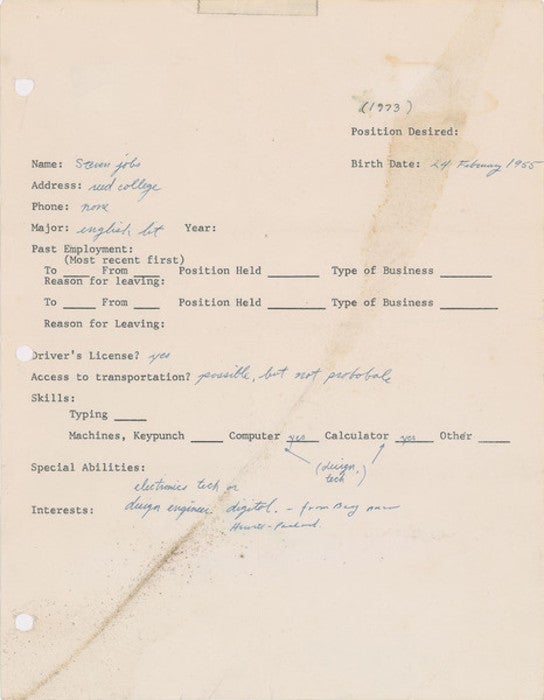 This job application signed by Steve Jobs in 1973, fetched $174,757 at auction - Jobs&#039; 1973 job application sells for a cool $174,757 at auction