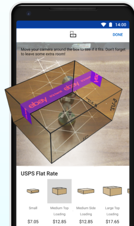 On select Android handsets, the eBay app will use AR to help sellers select the appropriate box for shipping - eBay app uses AR to help sellers select the correct shipping box size