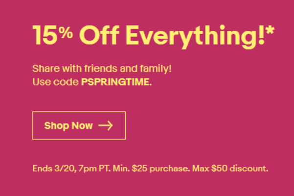 Save 15% on an eBay purchase made today only. The maximum savings is $50 - Today only: save 15% (up to $50) on any eBay purchase, including smartphones