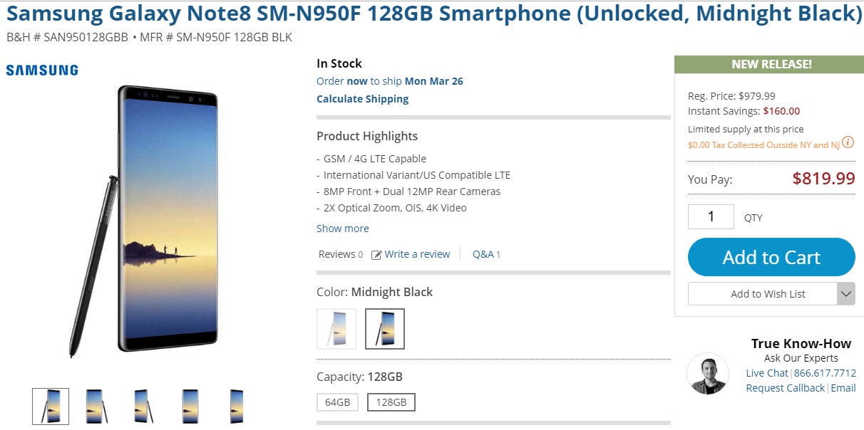 Deal: Save $160 on the unlocked Samsung Galaxy Note 8 (128 GB, Exynos variant)