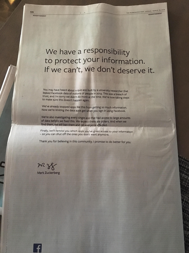 Zuckerberg and Facebook apologize for not protecting your personal data - In full-page ads, Zuckerberg apologizes for Facebook&#039;s failure to protect users&#039; personal data