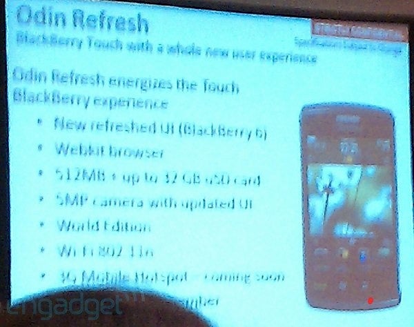 Slide shows Odin refresh specs for BlackBerry Storm 3