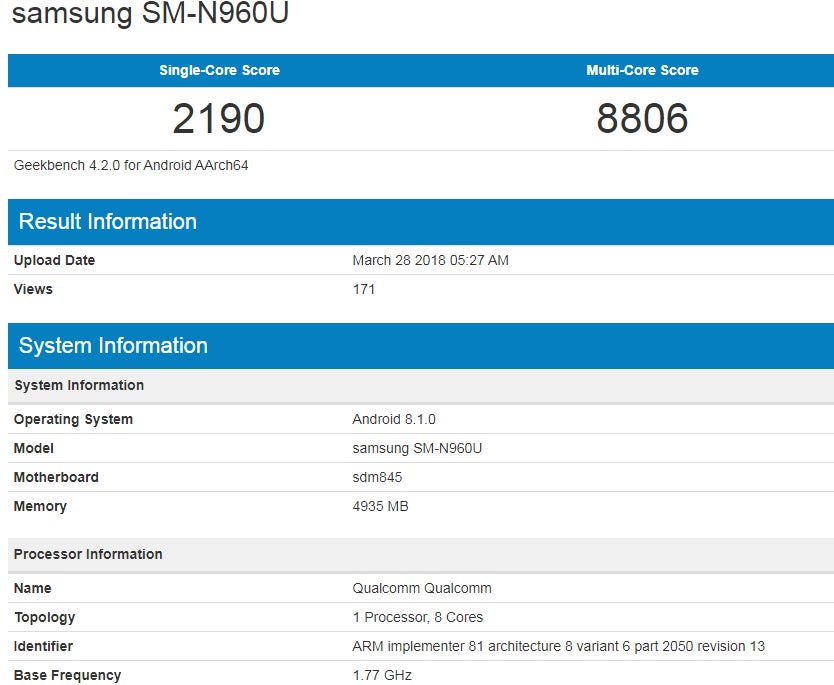 New Samsung Galaxy Note 9 benchmark test reveals Snapdragon 845 CPU, 6 GB of RAM