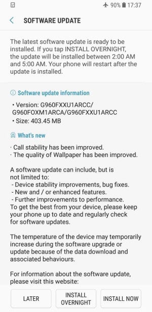 The new update&#039;s size may vary so keep that in mind - Samsung Galaxy S9 and S9+ update fixes call stability issue