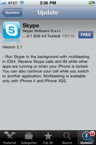Skype v2.1 for iOS 4 now supports multi-tasking
