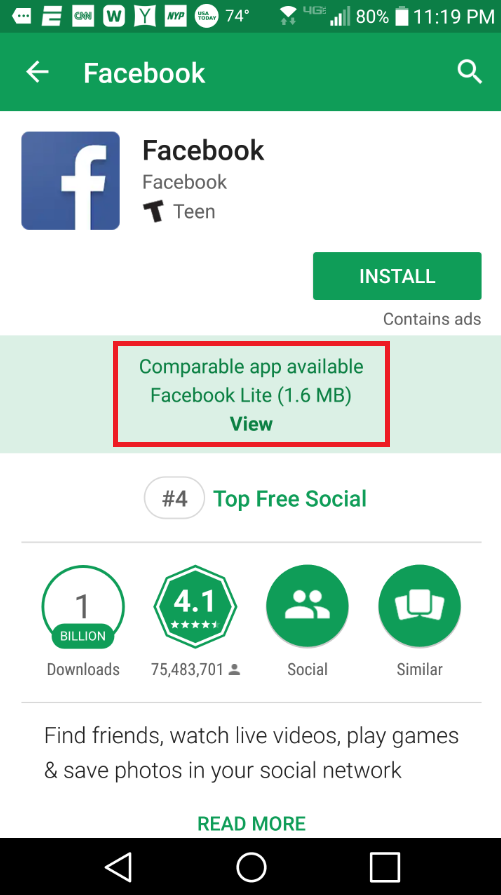 The Facebook listing in the Google Play Store reminds you about Facebook Lite - Google Play Store starts recommending Lite and Android Go apps