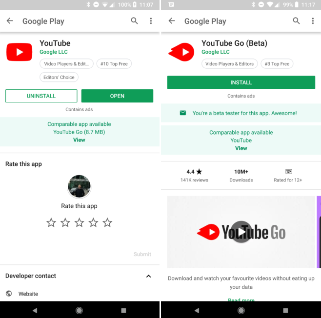 The listing in the Google Play Store for YouTube in some regions and on some phones, includes a reminder about YouTube Go - Google Play Store starts recommending Lite and Android Go apps