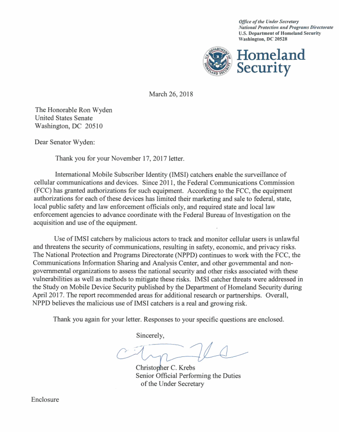 Letter from DHS to Oregon Senator Ron Wyden says that the U.S. government has found cellphone listening devices in the nation&#039;s capital - Dept. of Homeland Security says it found evidence of rogue cellphone listening devices in D.C.