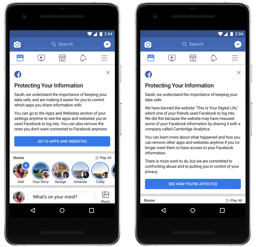 Those Facebook users whose profile data was used by Cambridge Analytica will receive the notification at right. Others will be sent the one on the left - Here's how to find out if your Facebook profile was used by Cambridge Analytica