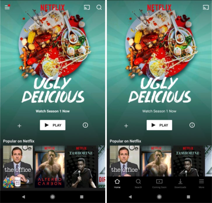 Old Netflix UI (left) vs new UI (right - Netflix beta for Android gets a refreshed UI