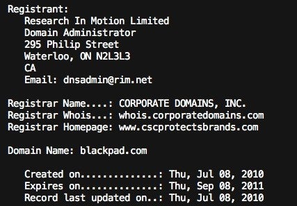 RIM claims the Blackpad domain name
