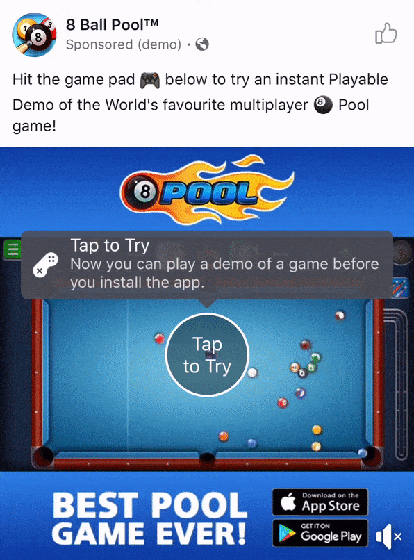 Example of a playable game ad on Facebook - Facebook is testing ads that let you try out mobile games before you buy them