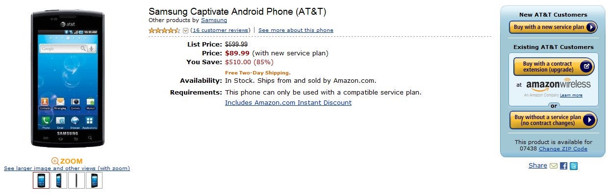 Samsung Captivate for AT&amp;T is priced at $89.99 on-contract through Amazon
