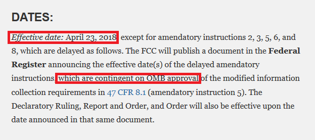 The Federal Register notes the April 23rd effective date of the FCC repeal of net neutrality, but also states that the OMB must approve the vote - FCC order revoking net neutrality takes effect today, but repeal still isn&#039;t official