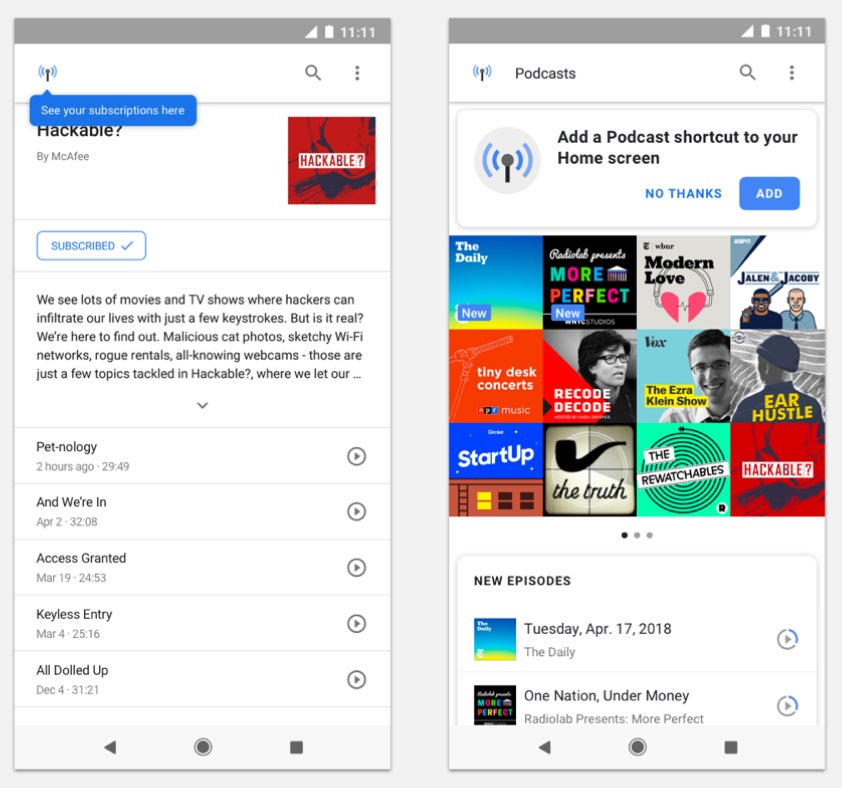 The new Google Podcasts homebase (right) - Google launches new podcast player on Android