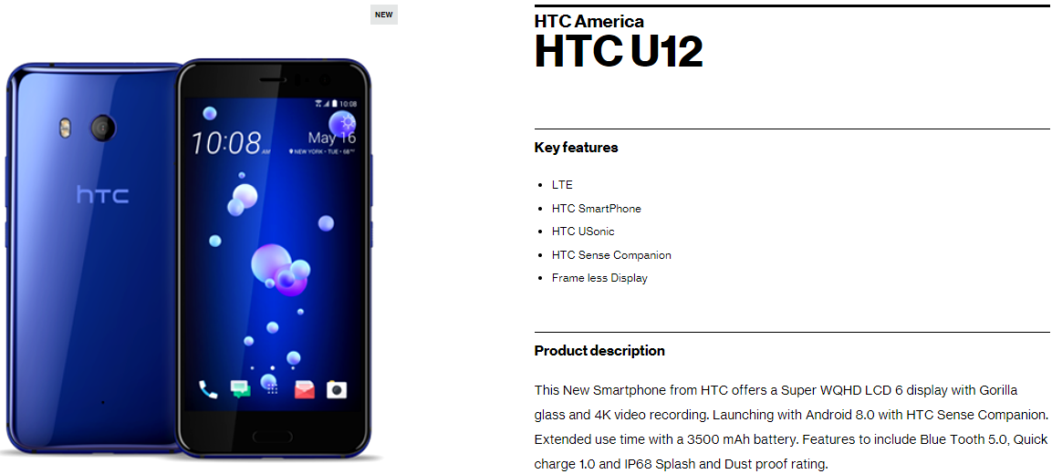 HTC U12 listed on Verizon website with &#039;frameless&#039; display, 3500mAh battery