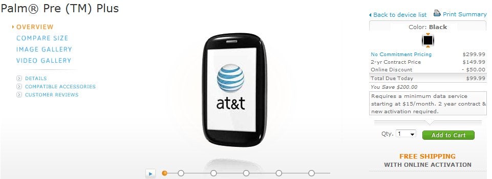 Slowly dropping in price, AT&amp;T&#039;s Palm Pre Plus is now selling for $99.99