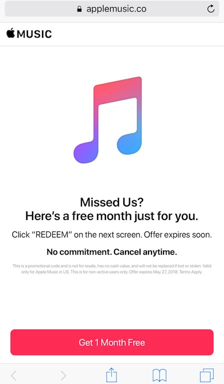 Apple is giving a free month of Apple Music to some past trial members who did not subscribe - Apple Music is giving a free month to some who tried the three-month trial but didn&#039;t subscribe