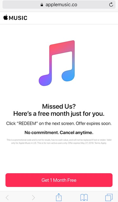 Apple is giving a free month of Apple Music to some past trial members who did not subscribe - Apple Music is giving a free month to some who tried the three-month trial but didn't subscribe