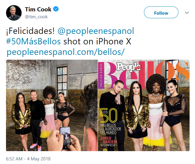 Tim Cook tweets about the magazine spread - People en Espanol used the iPhone X camera for its story on the 50 most beautiful people